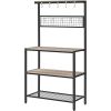 Modern 3-Shelf Black Metal Light Grey Wood Kitchen Baker's Rack Microwave Stand